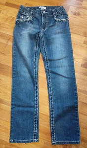 Girls Jeans SZ 10 Sequins Bling Pockets Adjustable Waist Xhilaration Straight - Picture 1 of 6