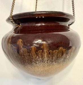 Vintage unbeschriftet Keramik Keramik zweifarbig braun hängend Übertopf Blumentopf mit Kette - Bild 1 von 10