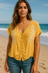 Rip Curl Shirt Women’s Large Golden Yellow Floral Embroidered Boho Festival Top - Picture 1 of 10