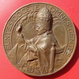 RARA MEDALLA DE BRONCE GRANDE VATICANO PAPA PÍO XI EL IR A ENSEÑAR A TODAS LAS NACIONES 1927 - Imagen 1 de 22