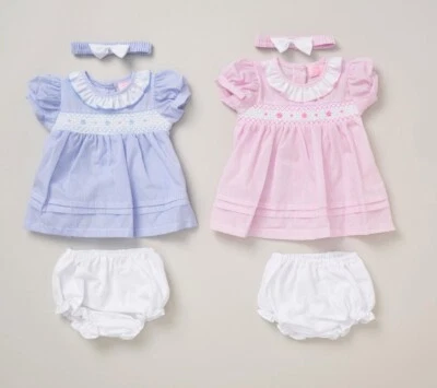 ROCK A BYE BABY Baby Girls Smocked Flowers Dress Pants & Headband Outfit Pink or Sky Blue 0-24M