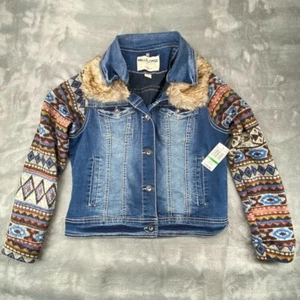 Wallflower Denim Jacket Womens Large Southwestern Aztec Jean Blue NEW - Picture 1 of 9