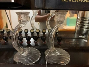 PAIR OF VINTAGE GLASS CANDLE STICK HOLDERS shell base crystals unique set - Picture 1 of 5