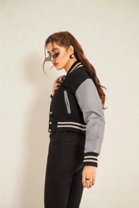 Chaqueta corta universitaria Letterman chaquetas cortas para mujer cuerpo de lana manga de cuero - Imagen 1 de 5