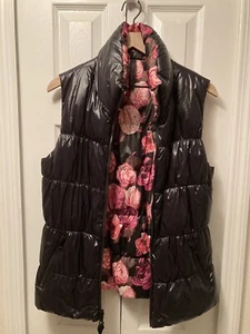 Betsey Johnson Performance Puffer Vest Women's Med Blk Floral ZipUp Pockets - Picture 1 of 10