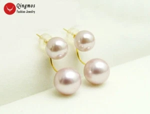 8-10mm Purple Sea Shell Pearl Double Front Back Women Earrings 14K Gold Ear Stud - Picture 1 of 7
