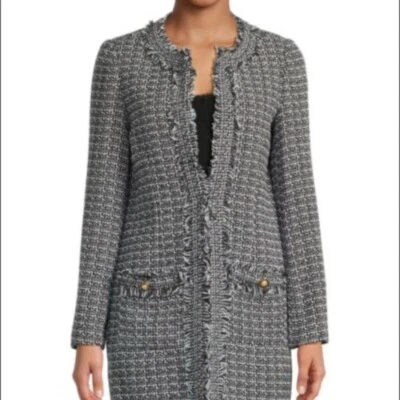 Nueva Chaqueta Nanette Lepore Azul Marino/Blanco Tweed Hasta la Rodilla Talla L Nueva con Etiquetas Foto 1 de 4