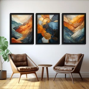Modern Wall Art Set of 3 Prints Boho Gold And Teal Poster Art Abstract Landscape - Picture 1 of 2