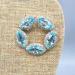 Vintage Sterling Silver Blue Aqua Marquise Glass Paste Round Wreath Brooch 25.4g - Picture 1 of 15