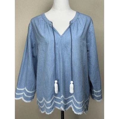 Blusa para mujer azul cambray XL cuello en V borlas corbata blanca bordada Foto 1 de 4