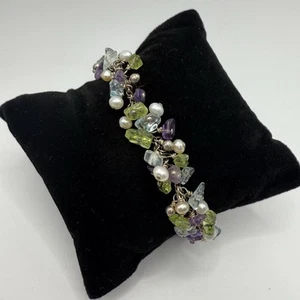 Vintage Sterling Silver 925 Peridot Amethyst Blue Topaz Pearl Heart Bracelet - Picture 1 of 5