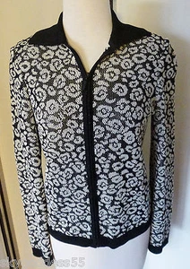 ST. JOHN BLACK LABEL SANTANA KNIT ZIP CARDIGAN/JACKET SHIMMER BLACK/IVORY LN P   - Picture 1 of 3
