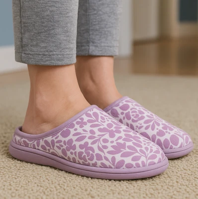 Chinelos femininos Dearfoams XL 11-12 roxo glicínia urze floral espuma de degrau novo com etiquetas - Imagem 1 de 4