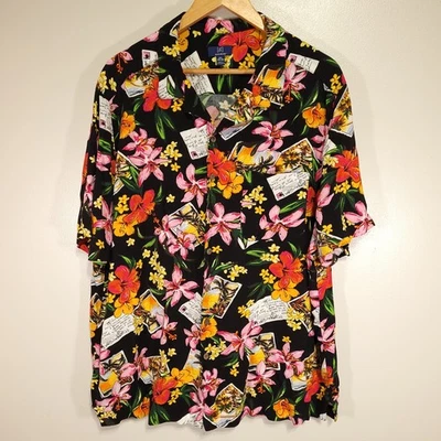 Camisa Hawaiana George Para Hombre 2XL Negra Floral y Playa Escena 100% Rayón Foto 1 de 4