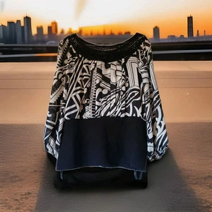 Alfani White Black Abstract Button Front Long Sleeve Tunic Top Womans Size 16 - Picture 1 of 9