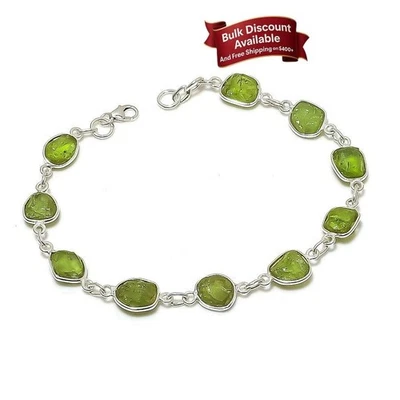 Peridot Druzy Stone Solid Silver Chain Art Deco Handcrafted Engagement Bracelet - Image 1 of 4