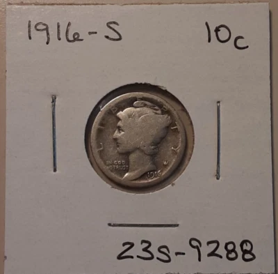 1916-S Mercury Dime 10c San Francisco Mint 90% US Silver (#23s-9288) Winged Cap - Image 1 of 4