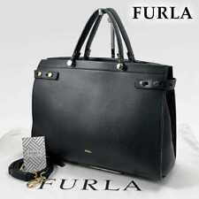 FURLA Tote Business Bag A4 Logo Leather Black women's USED FROM JAPAN