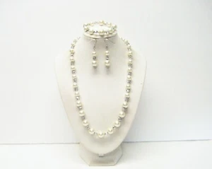 Ecru Glass Pearl w/Crystal Faceted Glass Bead Necklace/Bracelet/Earrings Set  - Picture 1 of 9