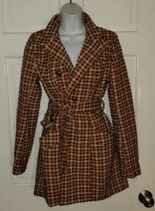 TULLE ANTHROPOLOGIE orange Brown Khaki check Wool Blend Trench Jacket Coat S - Picture 1 of 6