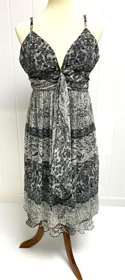 A.P.N.Y. Vestido negro blanco gris estampado de encaje mixto acolchado busto lazos adjuntos talla 12 Foto 1 de 4