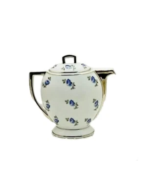 ancien pot à lait porcelaine blanche motifs fleurs bleues argent14 x 14,5 cm env - Photo 1/4