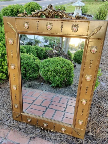Vintage French Colonial Style Console Wall Mirror with Porcelain Plaques Cover