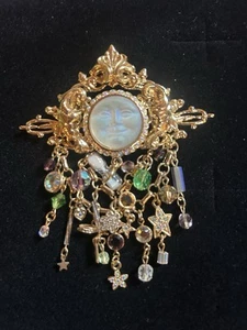 Kirks Folly Brooch Seaview Moon Rhinestone Pin Pendant Charms Dangles Vintage Co - Picture 1 of 9