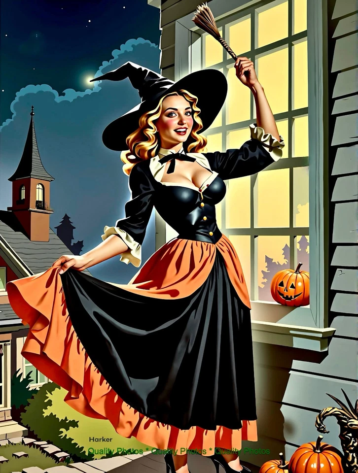 Impressão fotográfica linda mulher como bruxa de Halloween pinup 8,5x11" arte elvgren/harker - Imagem 1 de 1