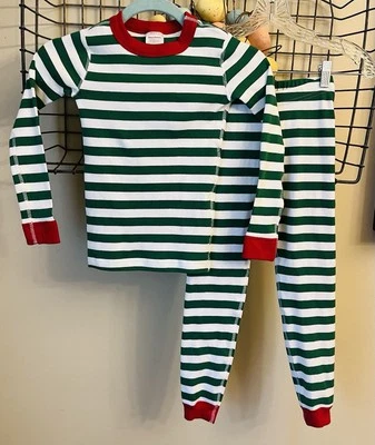 Hanna Andersson Organic Cotton Green White Stripe Christmas Holiday Pjs 120 6-7 - Image 1 of 3