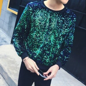 Mens Sequin Long Sleeve Sweatshirt T-shirt Stage Performance Top Shirt - Picture 1 of 15