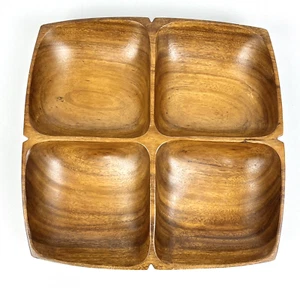 Natural Hard Wood Square Monkey Pod Serving Tray 4 Compartments 12.5"x2" Vintage - Picture 1 of 8