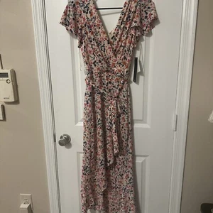 Nicole Miller Damen Kleid Maxj/lange Flatterärmel Mock Wickel High/Low - Bild 1 von 13