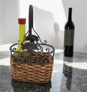 Vintage Woven Basket with Metal Handles for Two Bottles of Wine - Picture 1 of 6