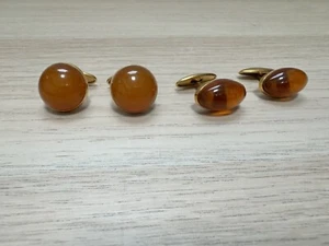 2 Pairs Of Vintage Russian Baltic Amber Cufflinks - 1960s - Picture 1 of 16