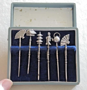 SET 6 JAPAN STERLING COCKTAIL PINS STICKS CHARM TOPPED ORIGINAL BOX 11 gms #15 - Picture 1 of 5