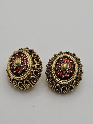 Pendientes Joan Rivers Esmalte Rojo Tono Dorado Texturizado Real Ovalado Clip On Foto 1 de 4