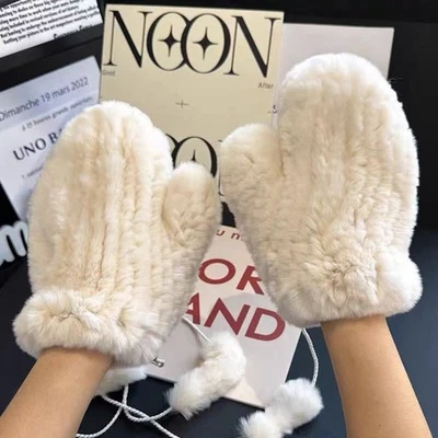 Women's Real Rabbit Fur Gloves Full Mitten W String Knitted Warm Wrist Mittens - Image 1 of 4