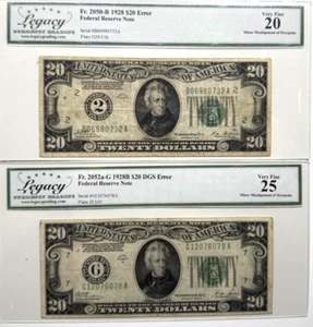 PAIR OF 2 LEGACY 20/25 1928/1928F NUMERICAL 2 20$ MISALIGNMENT ERROR 0732A/6078A - Picture 1 of 2
