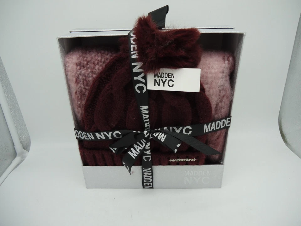 Madden NYC Womans Soft Hat & Scarf Gift Set Burgundy & Plaid One-size