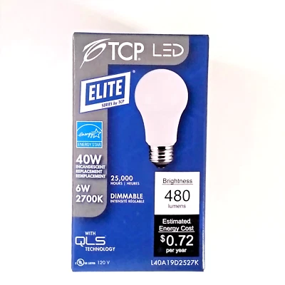 NEW TCP 6 Watt (40W Equal) A19 2700K 480L Dimmable LED Light Bulb L40A19D2527K - Image 1 of 4