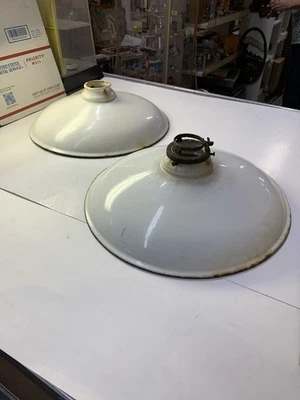 Vintage Set Of 2  Porcelain Shade WHITE Barn Gas Station Retro Industrial 12” - Image 1 of 4