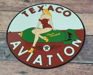 VINTAGE TEXACO GASOLINE PORCELAIN MILITARY SERVICE BOMBSHELL AIRPLANE GAS SIGN - Picture 1 of 11