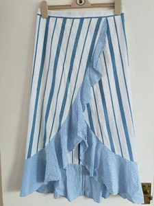 River Island Wrap Skirt Size 12 Blue & White Stripes. Lined. Ruffle. - Picture 1 of 9