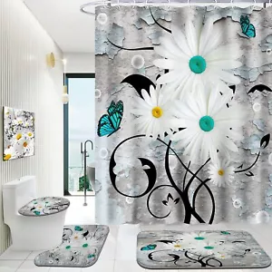 4 Piece Bathroom Shower Curtain Set With Rug Chrysanthemum Bathroom Sets With Pr - Picture 1 of 6
