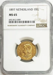 1897 GOLD NETHERLANDS 10 GULDEN LONG HAIR COIN NGC MINT STATE 65 - Picture 1 of 2