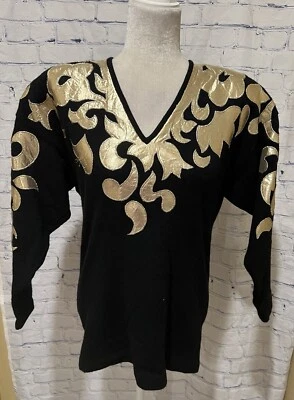 Vintage Outlander Lambswool Angora Rabbit Hair Sweater V Neck Black Gold Small - Image 1 of 4