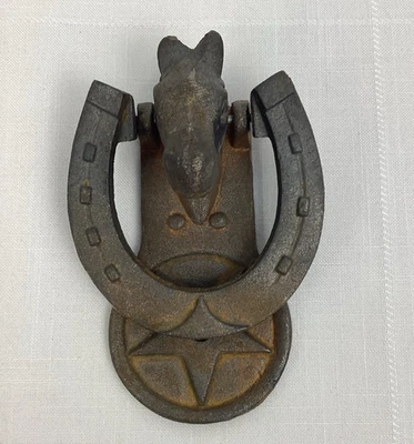 Llamador de puerta de herradura de caballo de hierro fundido pesado, 6" x 4", decoración occidental, oxidado Foto 1 de 4