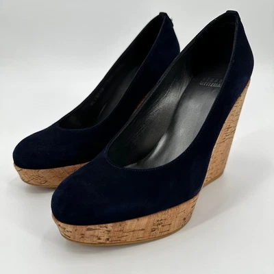Zapatos de tacón Stuart Weitzman azul marino gamuza corcho cuña plataforma mujer talla 8 Foto 1 de 4