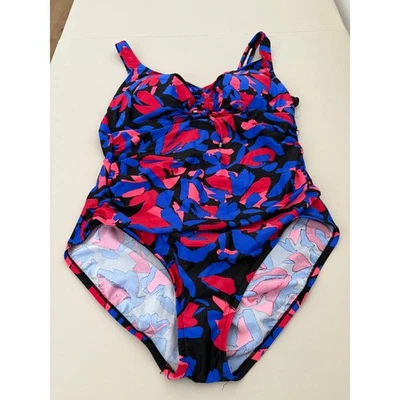 Traje de baño de una pieza negro azul rojo estampado floral detalle fruncido traje de baño Foto 1 de 4